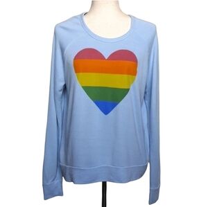 Multi Color Heart Sweater Light Blue Pullover Raglan Relaxed Fit